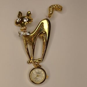 Vtg 80s Bonetto Springy Cat Brooch Watch Gold Tone Quartz Movement Japan